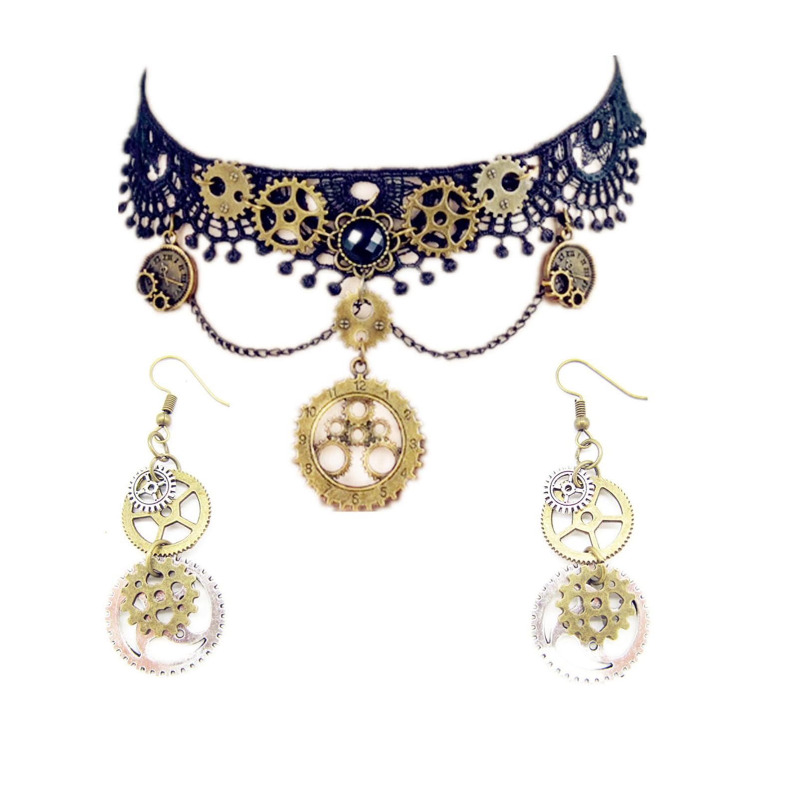 JinYu Choker Necklace and Steampunk Earrings Set for Steampunk Halloween Punk Costume Party Retro Gear Clock Cog Women Gothic Black Lace Necklaces Halloween Lolita