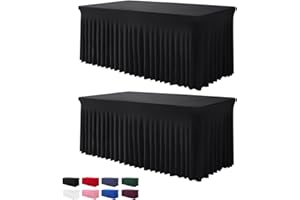 BDDC 2 Pack Table Skirts for Rectangle Tables 6ft - One-Piece Black Table Covers for 6 Foot Tables, Wrinkle Resistant Ruffles Elastic Table Cover and Table Skirt for Banquets, Parties