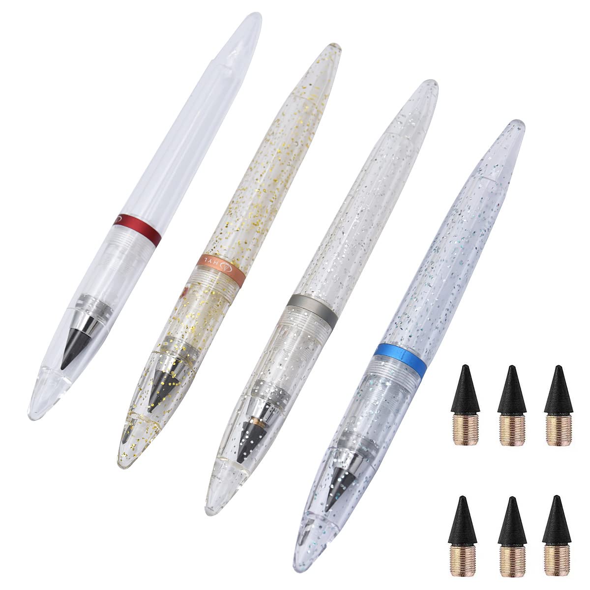SIPLIV 4Pcs Inkless Everlasting Pencil Starry Sky Inkless Signature Pencils Unlimited Writing Pencil With 6Pcs Replacement Pen Heads - Transparent