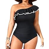 Aqua Eve Plus Size Bathing Suits for Women One Piece Swimsuits One Shoulder Ruffle Tummy Control Swimwear