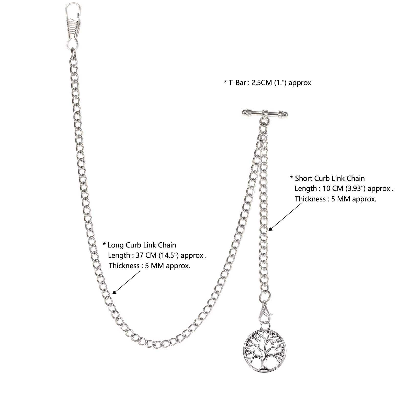 TREEWETO Men's Albert Chain Pocket Watch Curb Link Key Chain 2 Hooks with Antique Life Tree Pendant Design Charm Fob T Bar