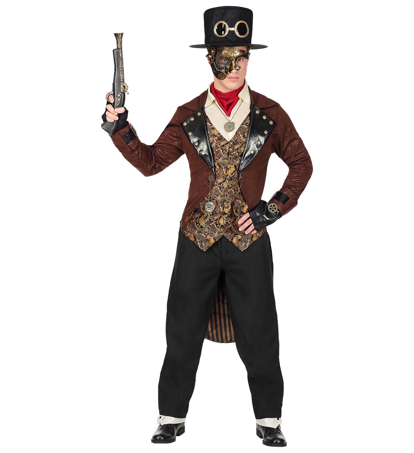 Widmann W MILANO Party Fashion 08083 08083 Steampunk Costume, Tailcoat with Shirt and Vest, Trousers, Ascot, Fingerless Gloves, Cylinder, Theme Party, Carnival, Men, Brown, L