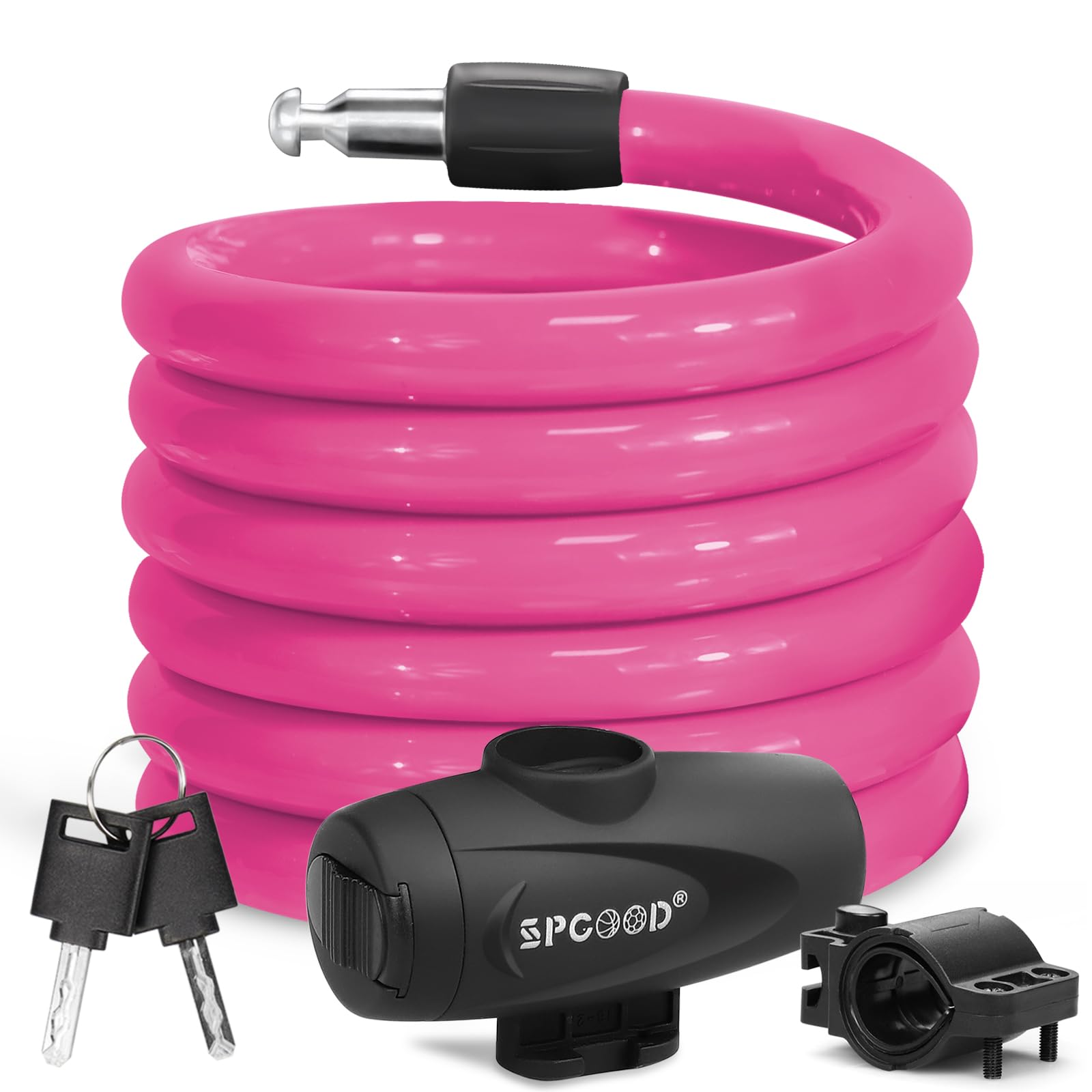 SPGOOD Bike Lock 1200mm/12mm with 2 Keys,Bicycle Lock with Mounting Bracket,Steel Cycling Cable Lock High Security,Lightweight Coiling Cable Lock for Bike,Scooter,Skateboard,Gate,Door (A-Rose)