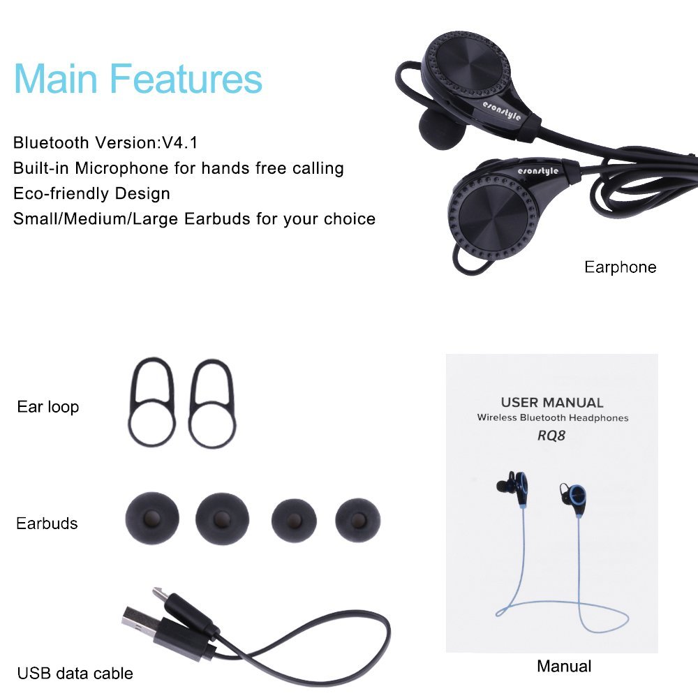 Ecandy Wireless Bluetooth Headphones with Mic for Running, Sweatproof Earphones,Noise Cancelling Headsets - Black