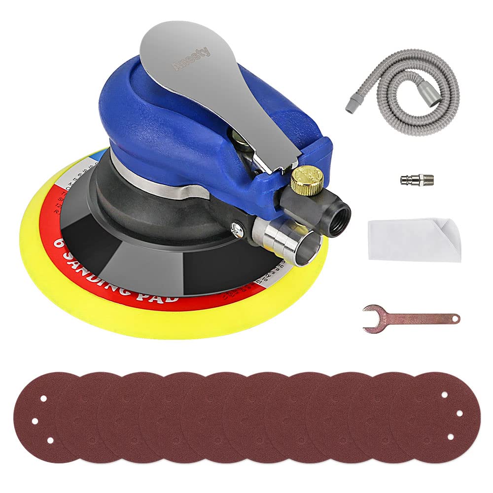 Air Random Orbital Sander 6" 150mm Dual Action Pneumatic Palm Sander, Air Orbit Polisher with Dust Collection Hose & Bag and Sandpapers for Sanding Wood Metal, Auto Body Repair Work etc