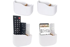 SUNFICON 4 Pack Remote Control Holders Adhesive Wall Mount Media Player Controller Holder Universal TV Remote Organizer Caddy Box Tray Hollow Bottom Phone Charging Home Office Desk Nightstand White