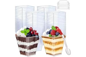60 Pcs 8oz/240ml Plastic Dessert Cups Square with Lids And Spoons Clear Parfait Cup Single Serving Cake Containers for Cupcak