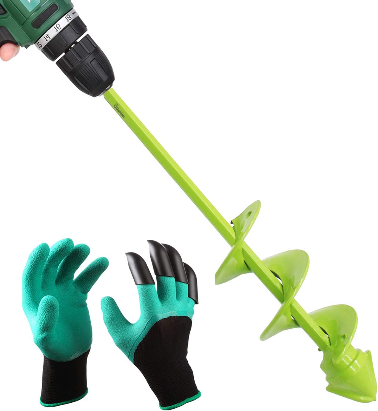 UGarden Bulb & Bedding Plant Auger, with Garden Genie Gloves, Garden Plant Flower Bulb Auger 2" x 9" Rapid Planter, Non-Slip Hex Drive fits Any 3/8-inch Drill.