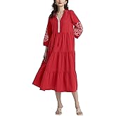 D-Sun Embroidered Maxi Dress for Women Casual Cotton 3/4 Sleeve V Neck Tiered Flowy Fall Maxi Long Dress