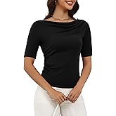kakola Cowl Neck Half Sleeve Business Casual Tops for Women Ruched Fitted Boat Neck Elbow Length Tee Shirts Trendy Dressy