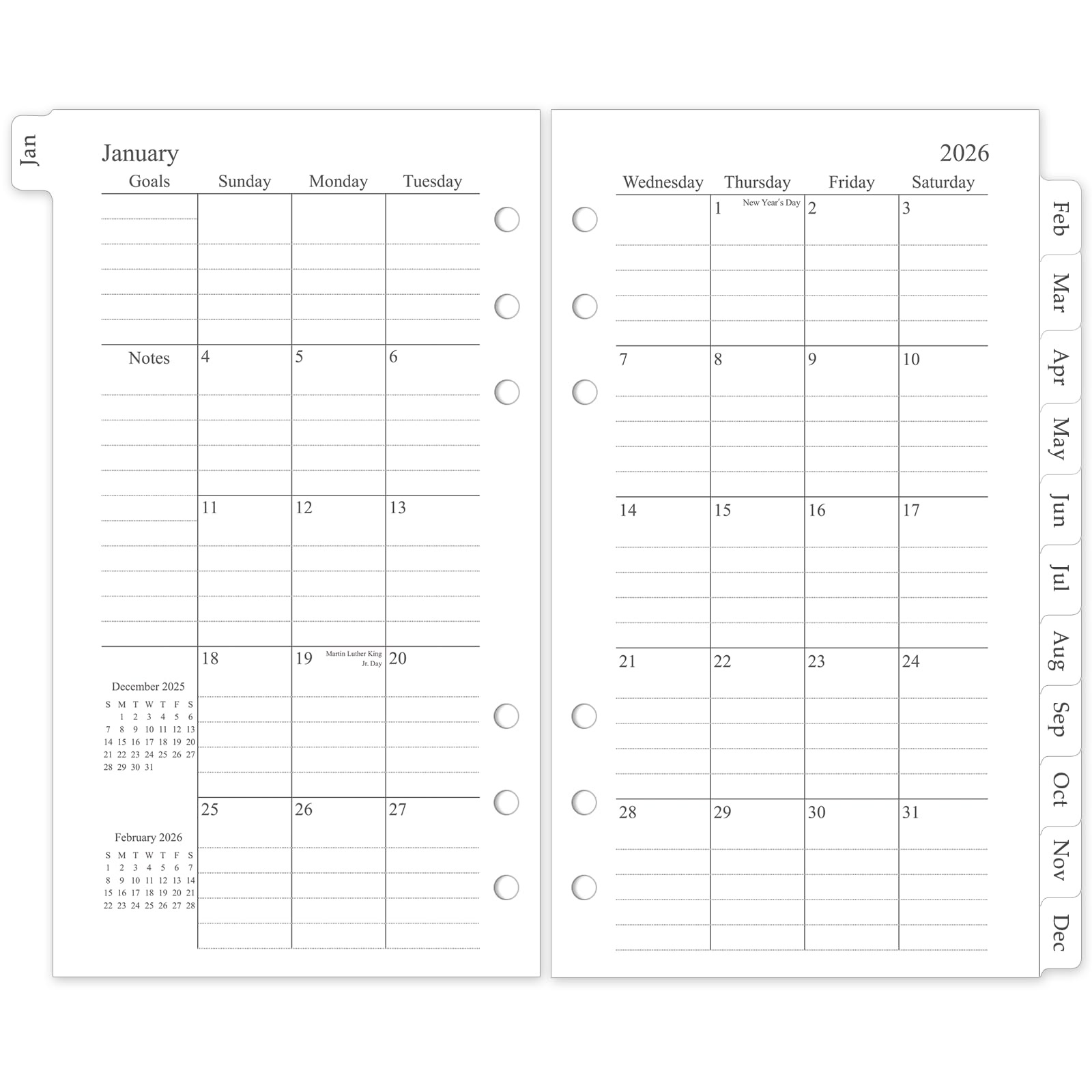 Photo 1 of 2026 Monthly Planner Refill, A6 Small Size Planner Inserts for 6 Ring, 3.8"x6.8", Jan. 2026 - Dec. 2026, 12 Monthly Calendars with Laminated Tabs, 6-Hole Punched