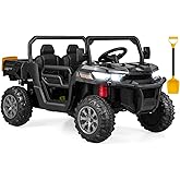 OLAKIDS 2 Seater Ride On Car, 12V Off-Road UTV Electric Vehicle with Remote Control, Dump Bed, Extra Shovel, Music, USB, AUX, Rocking Function, Kids Toddlers Battery Powered Truck (Dark Black)