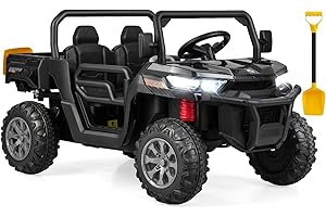 OLAKIDS 2 Seater Ride On Car, 12V Off-Road UTV Electric Vehicle with Remote Control, Dump Bed, Extra Shovel, Music, USB, AUX, Rocking Function, Kids Toddlers Battery Powered Truck (Dark Black)