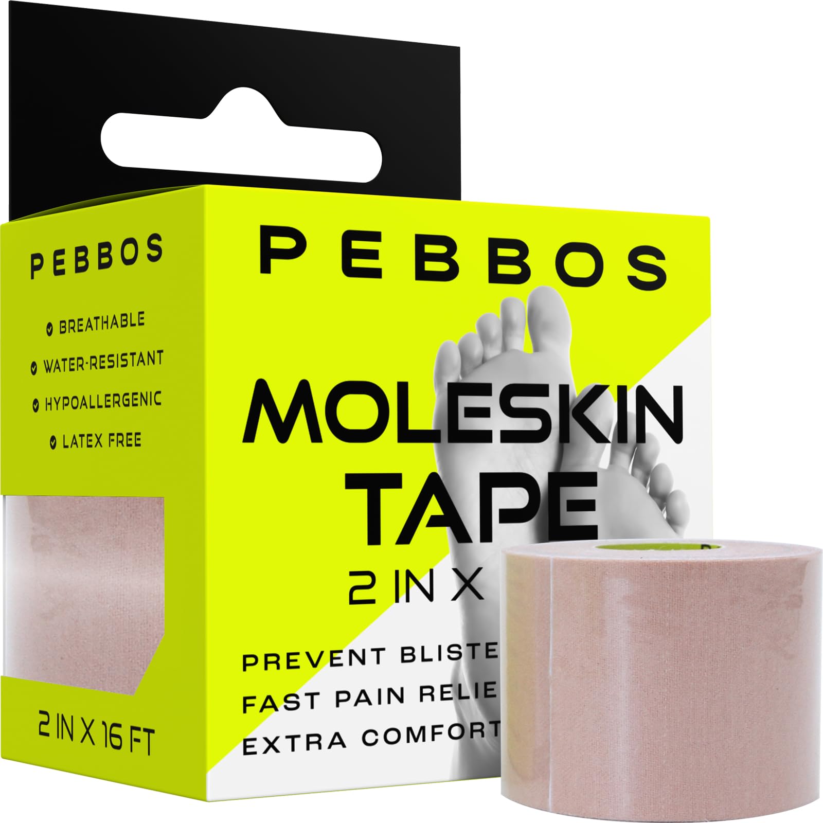 Photo 1 of Pebbos Moleskin Tape - 2in x 16ft - Blister Prevention Tape, Medical Padding Tape | Water Resistant & Hypoallergenic | Thin Mole Skin Padding & Athletic Tape for Running, Hiking, Walking - Single Roll