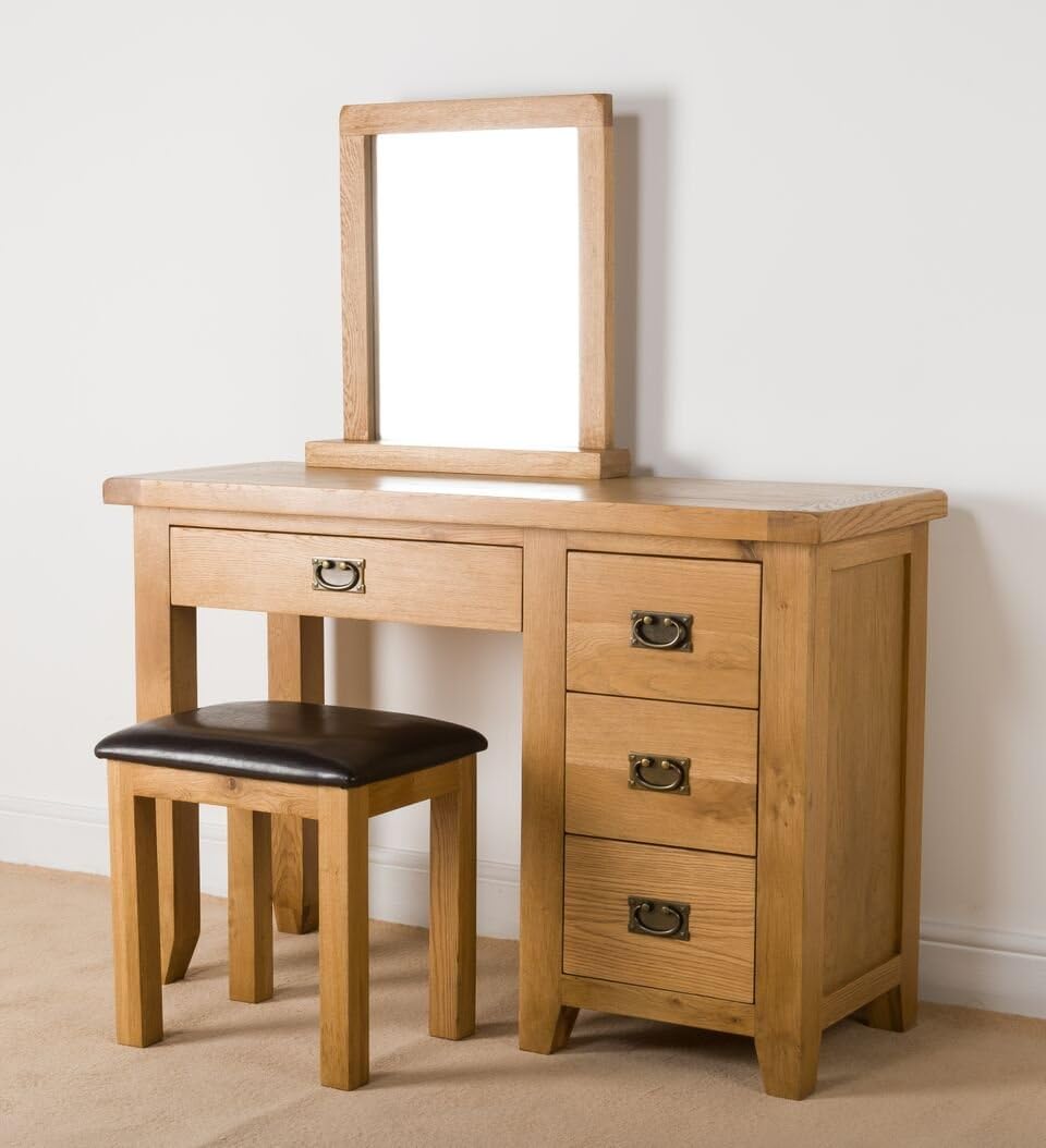Calero Solid Chunky Wood Rustic Oak Dressing Table Unit Stool Mirror, Light Medium Oak, W 120 x D 45 x H 80 cm