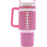 SEM LIFE 40 Oz Rhinestone Bling Tumbler Cup with Handle and Straw (PINK FOOTBALL), Stainless Steel and Double Wall Insulated