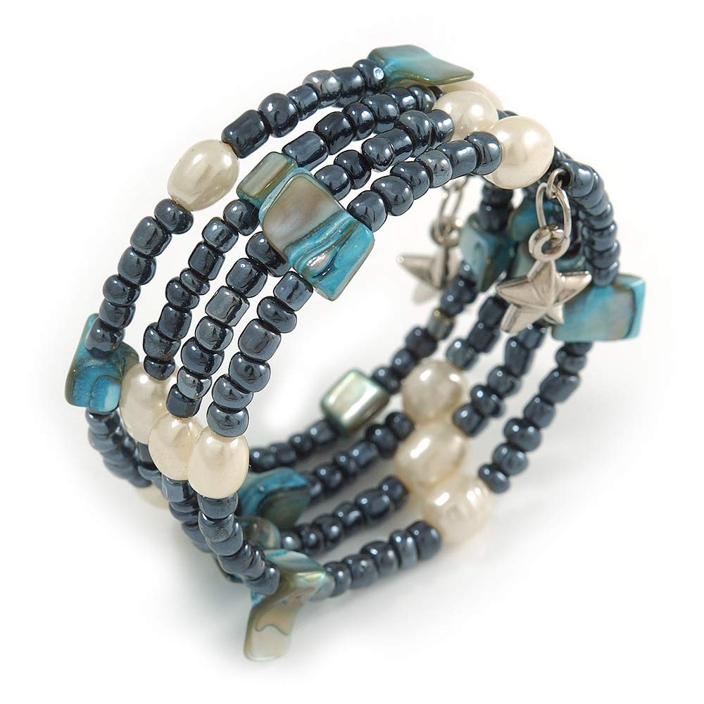 Avalaya Multistrand Glass, Shell, Faux Pearl Bead Flex Bracelet (Hematite, Blue, Off White) - 17cm L