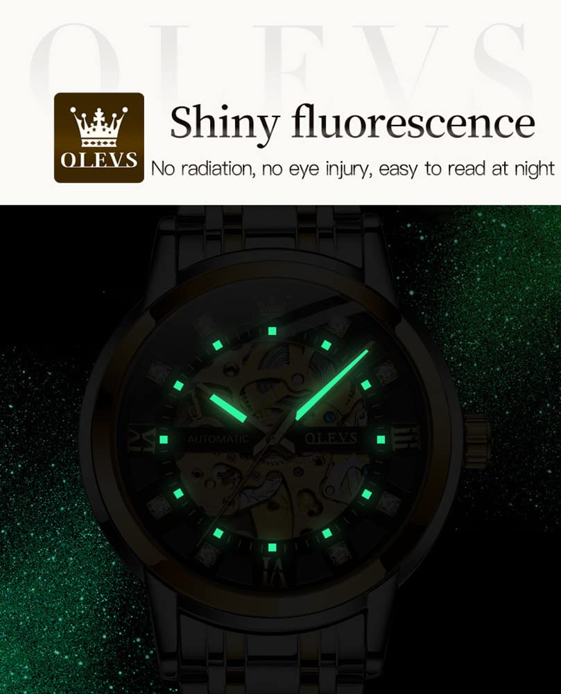 OLEVS Men’s Gold Skeleton Watch Automatic Mechanical self Winding Luxury Dress Stainless Steel Waterproof Luminous Wrist Watches