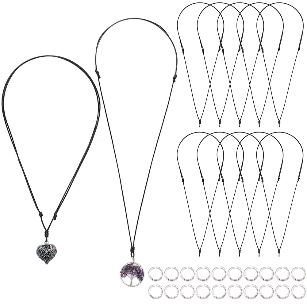 SUNNYCLUE 1 Box 20Pcs Adjustable Necklace Cord Bulk Black Rope Necklaces Vintage Korean Waxed Polyester Double Knotted Cords with 304 Stainless Steel Open Jump Ring for jewellery Making Necklace Men