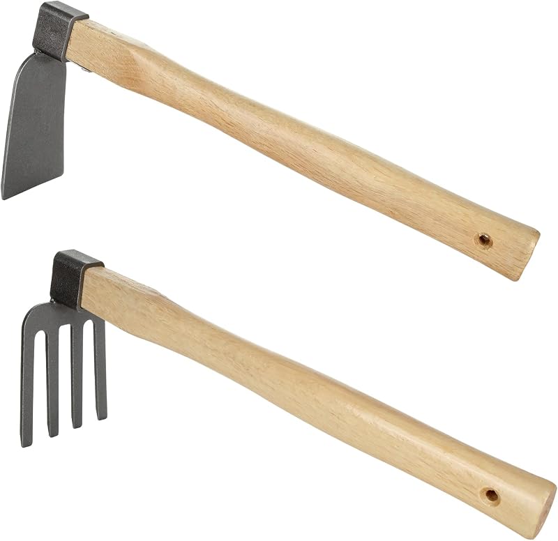 GOYADA Garden Digging Hoe and Rake Set 2 Pack with Wooden Handle