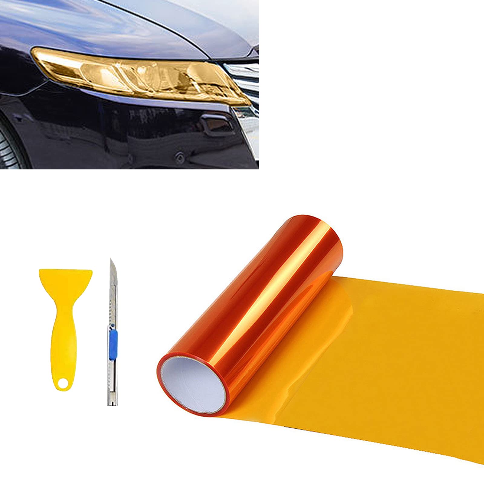 Photo 1 of 12” X 48” Orange Tint Vinyl Wrap Film Roll for Car Headlight, Taillight, Fog Lights with Squeegee + Cutter?Orange?