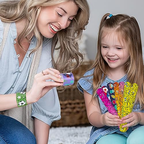 LOVESTOWN Slap Bracelets for Kids, 64PCS Kids Slap Wristbands Snap Bracelets Dinosaurs Mermaid Space Emotions for Party Favors Classroom Prizes Exchanging Gifts