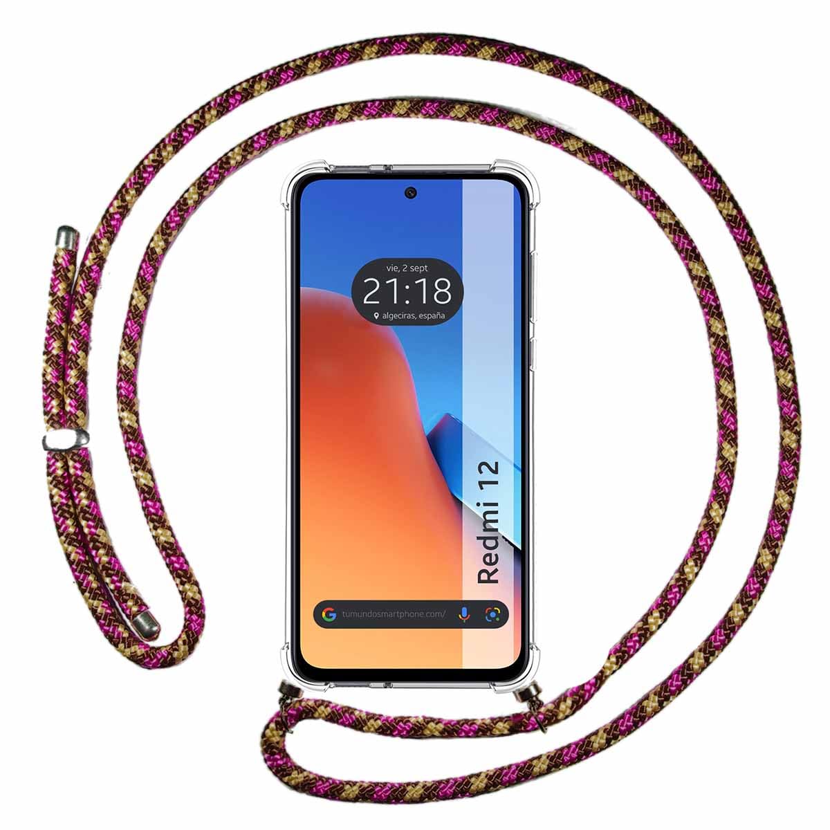 Tumundosmartphone Transparent Pendant Case for Xiaomi Redmi 12 with Cordon Pink/Golden