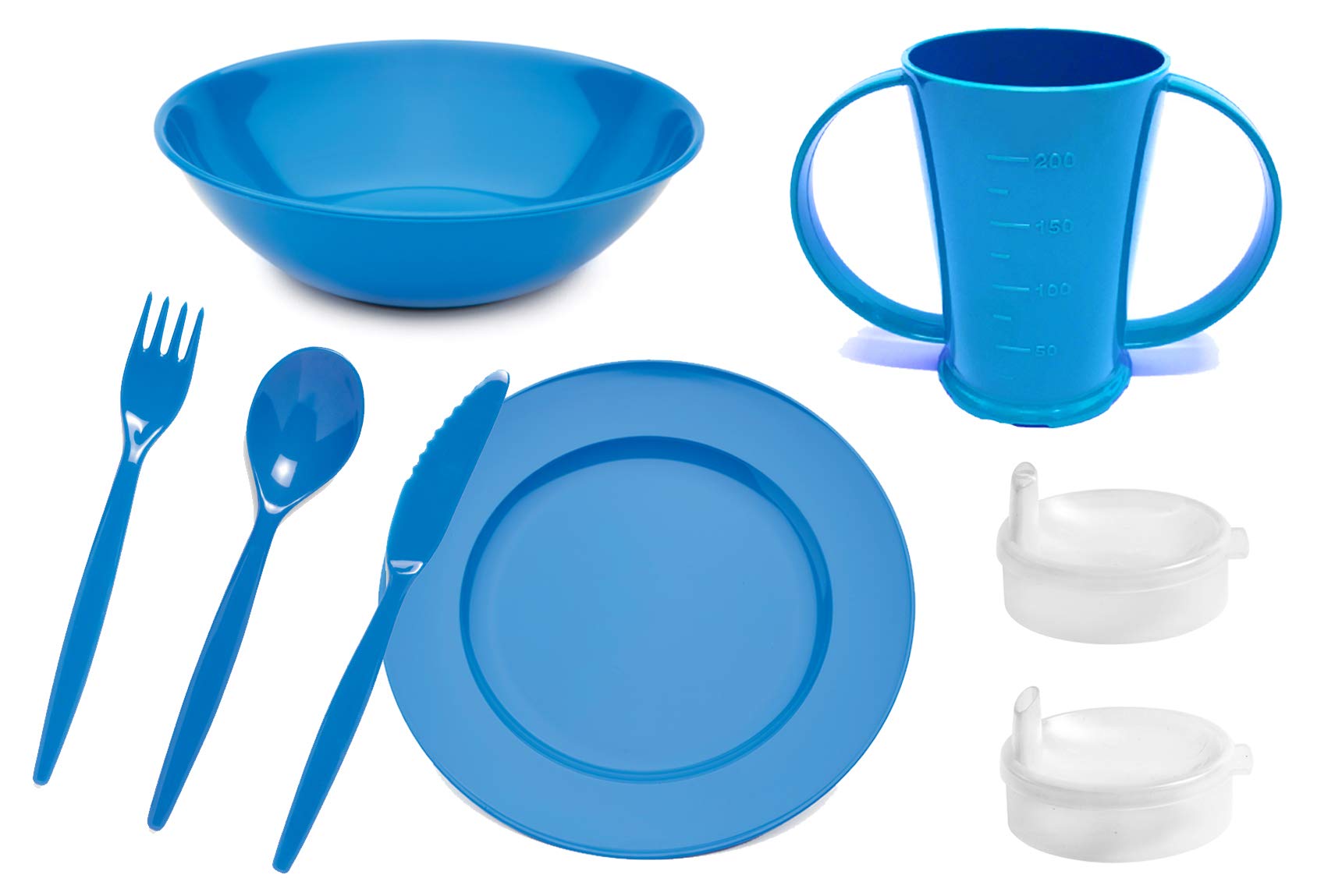 Dementia Tableware Set Blue Polycarbonate Plate Bowl Cutlery and 2 Handled Beaker Reusable