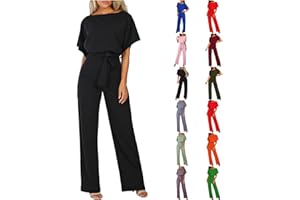 Lainuyoah Jumpsuits For Women Elegant Loose Short Sleeve Belted Wide Leg Pant Romper Crewneck Wedding Overalls Formal Outfits