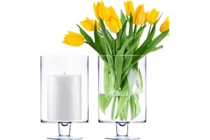 CYS EXCEL Glass Hurricane Pillar Candle Holders (H:10" W:6", 2 PCS) | Multiple Size Choices Short Stem Candle Jars | Stemmed Glass Cylinder Candle Vase