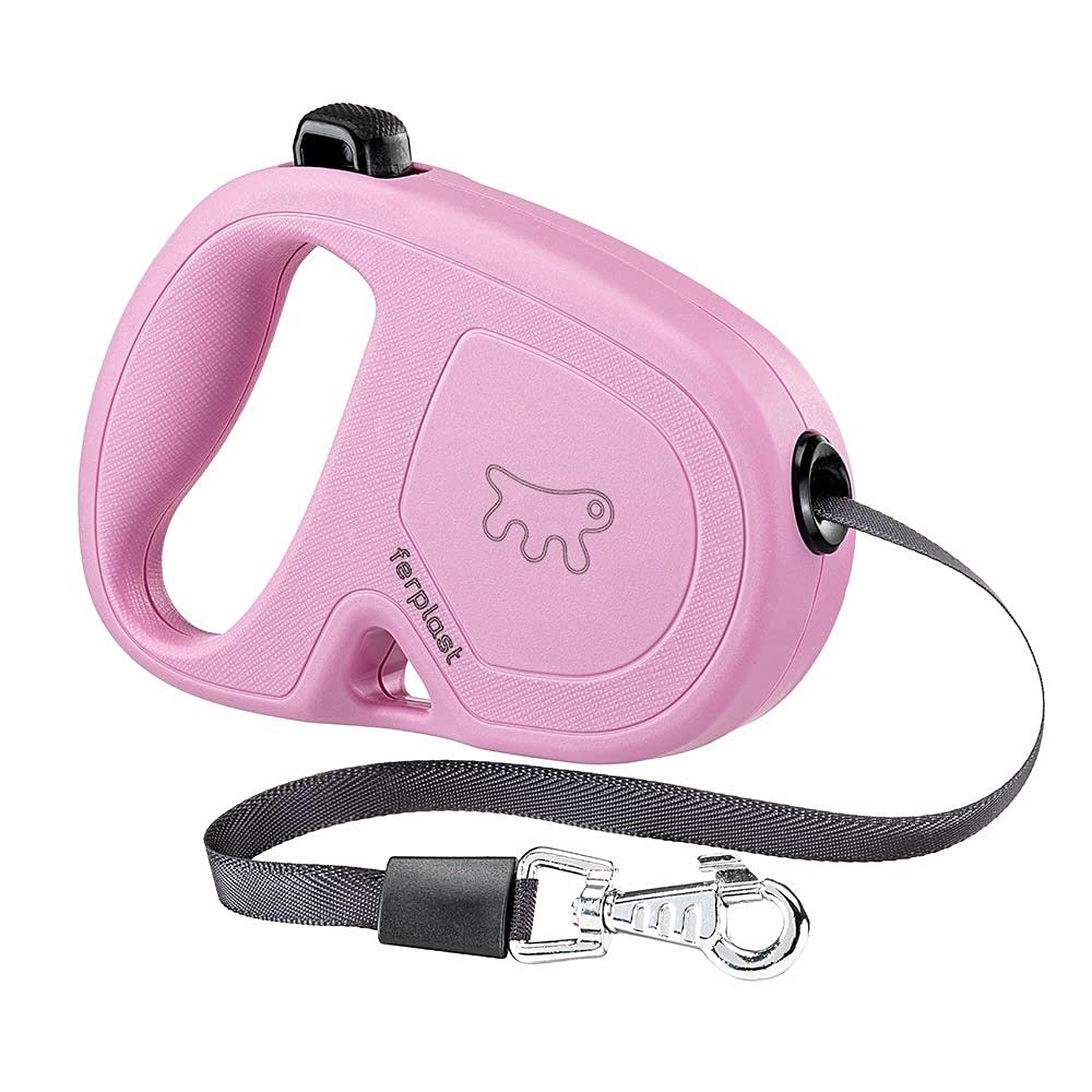 Ferplast FLIPPY ONE Extendable Dog Lead - Practical Bag Holder - Single Lock & Release Button - Ergonomic Italian Design - Tape - Max 15 Kg - 4m, Pink