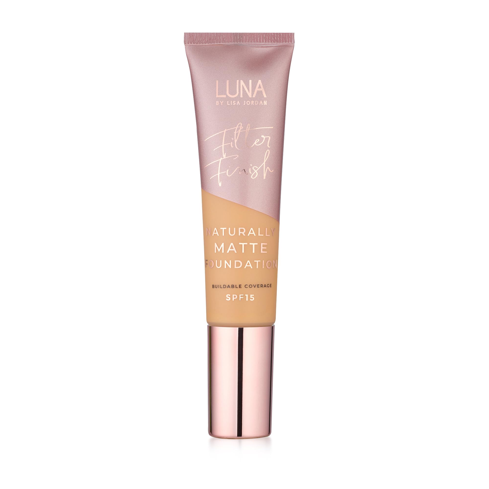 LUNA Matte Foundation in MEDIUM TAN Shade - Contains Vitamin E and SPF15 - Oil-Free Face Foundations with Peach Golden Undertone - Suitable for Oily and Sensitive Skin