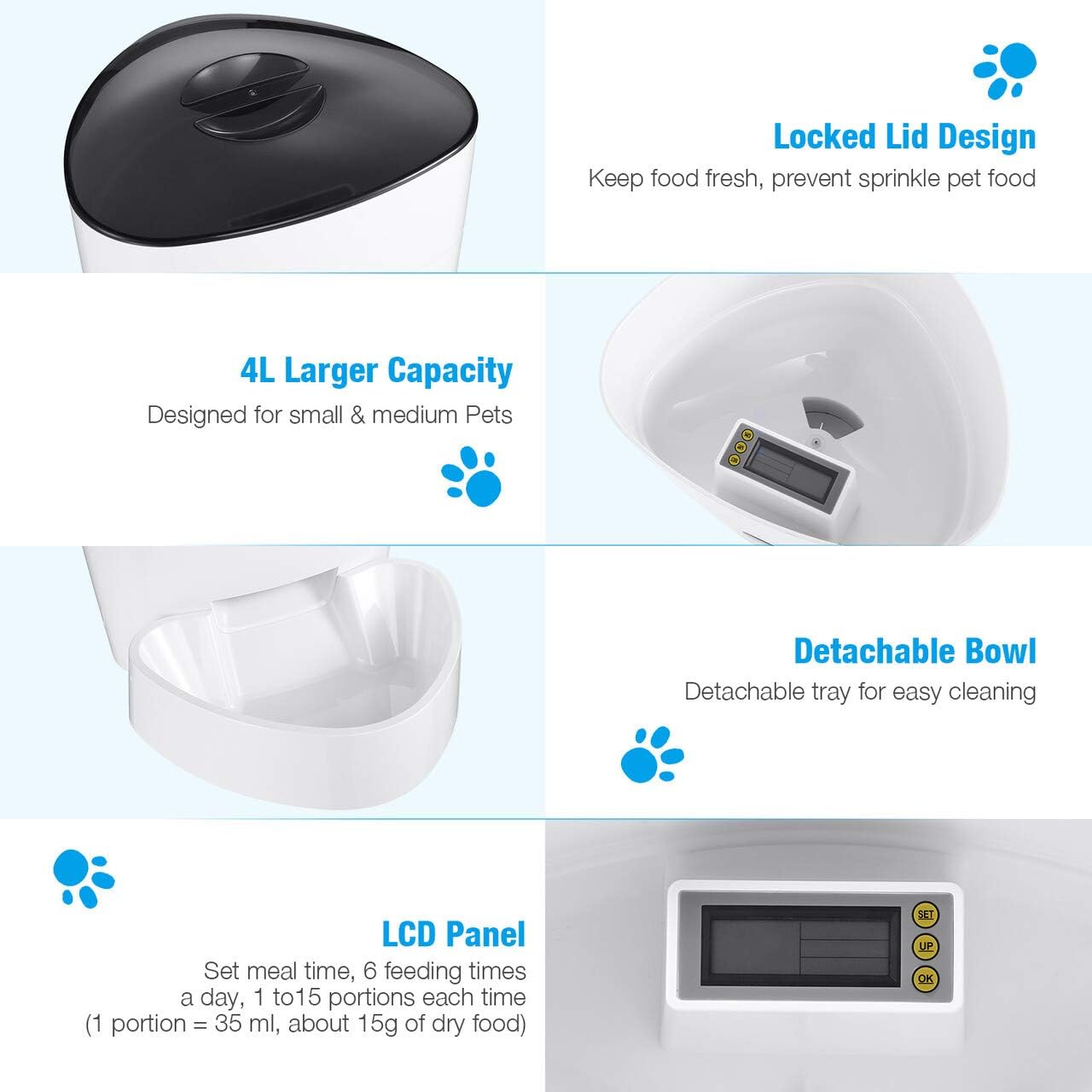Pet Supplies : isYoung Automatic Cat Feeder, 4L Smart Pet Feeder for Cat & Dog - 6 Meal, LCD Display with Timer Programmable, Portion Control - Battery/Plug-in Power : 