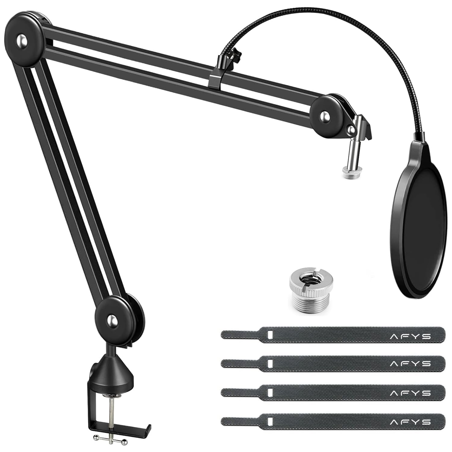 AFYS Microphone Stand - Adjustable Arm for HyperX QuadCast S, SoloCast, Snowball & More - Durable Boom Arm, Desk Mount, Noise Minimizing, Black, Modern and Sleek