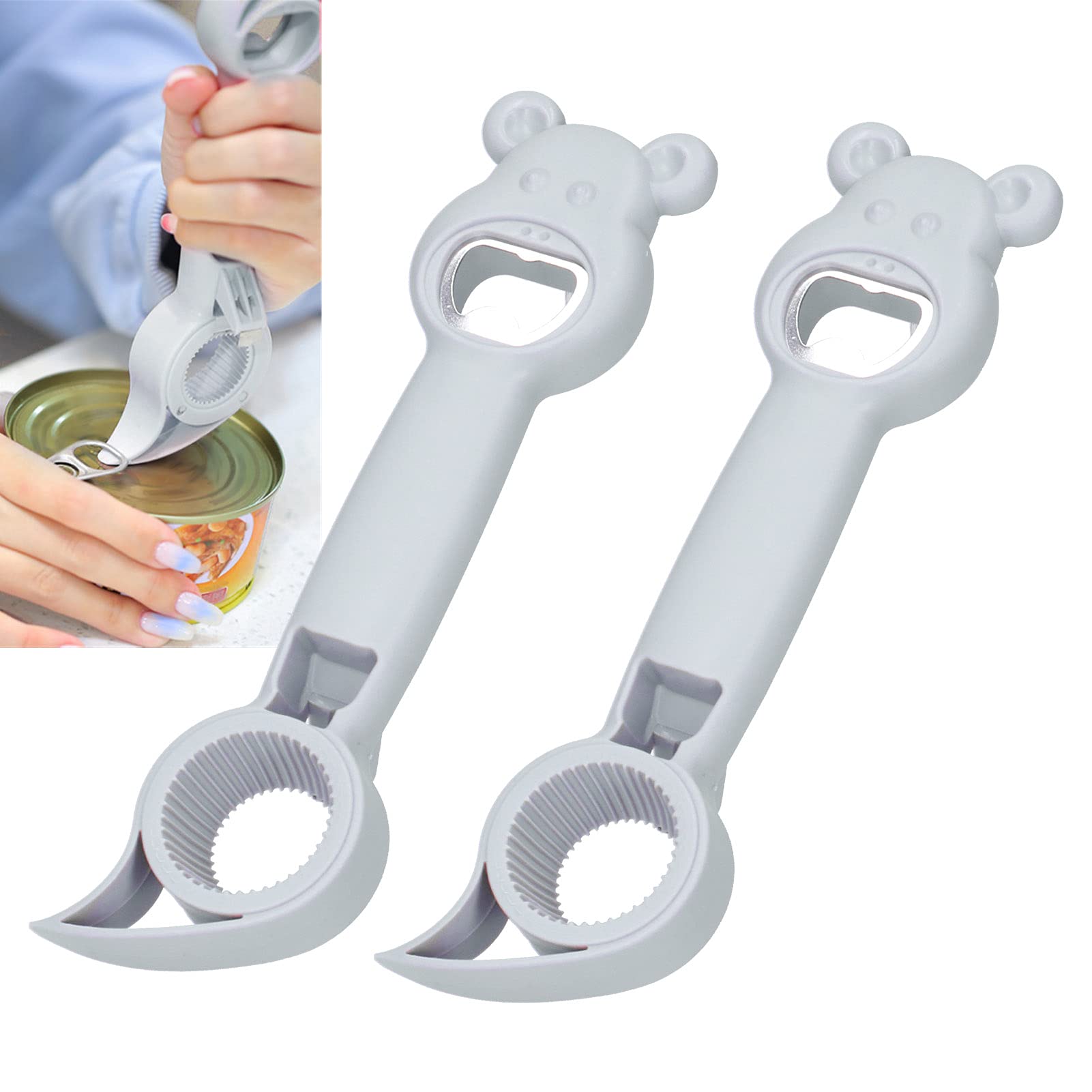 2Pcs Bottle Opener, 4‑in‑1 Can Opener Universal Classic Beer Opener Portable Manual Drinking Commercial Beverage Bottle Opener Jar for Kitchen Bar(Grey)