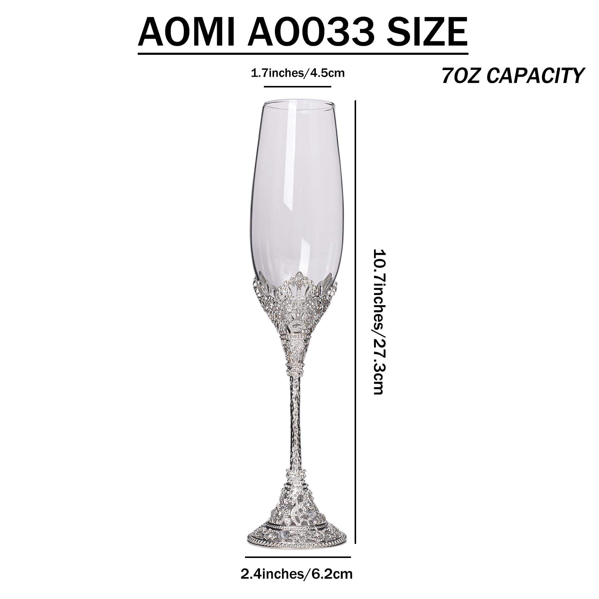 Wedding Champagne Flutes Toasting Glasses, Silver 7oz Toasting Flute Pair Crystal Metal Base with Sparkling Crystals for Wedding Anniversary Party Birthday Banquet and Gift for Bride Groom Giftboxed