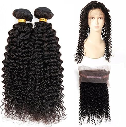 Vinsteen Grade 8A Brazilian Texture Kinky Curly Wet and Wavy Virgin Brazilian Hair 3pcs Lot Human Hair Extension Brazillian Natural Color Hair with 360 Lace Frontal Closure (14 14 & Closure 12)