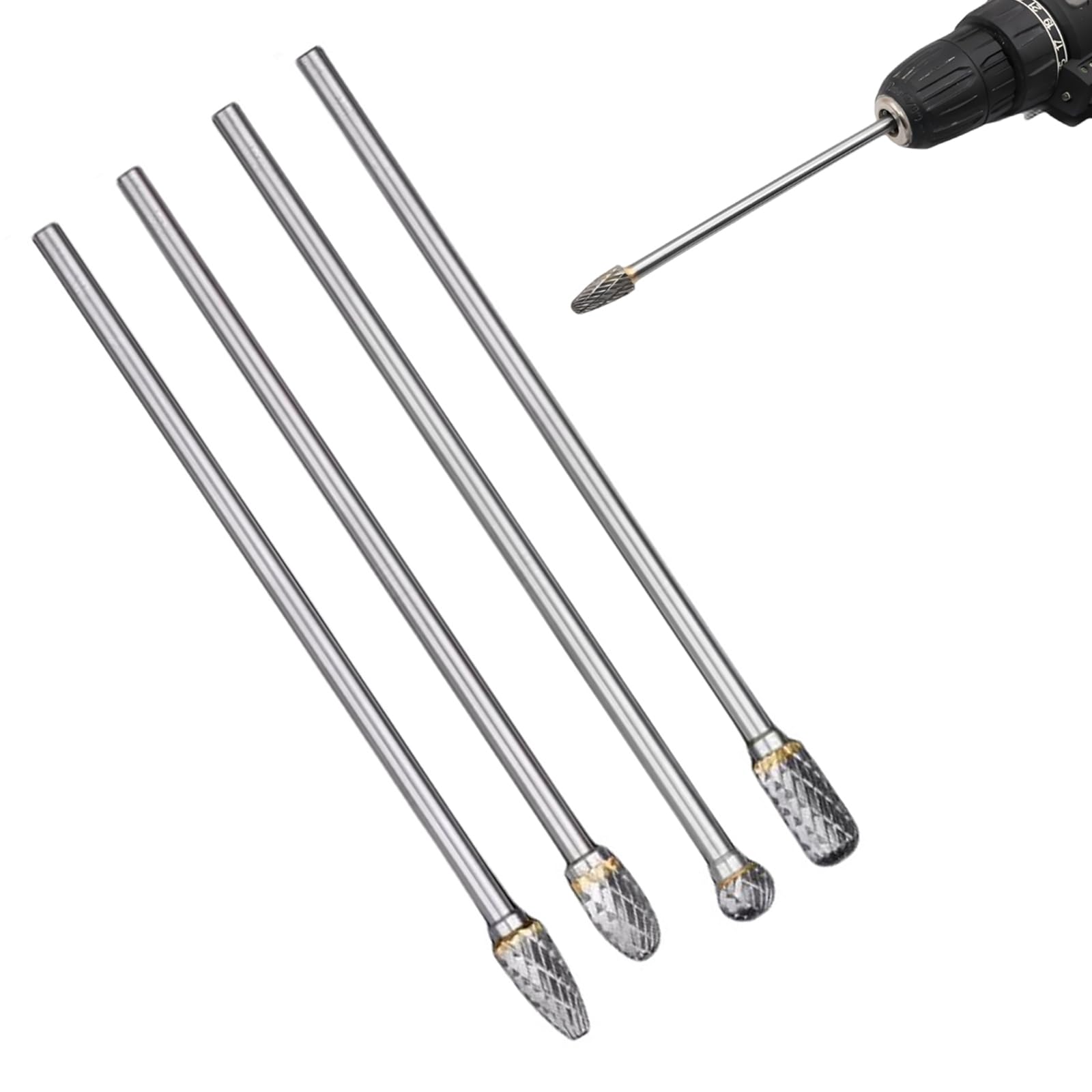 GIONAR 4Pcs Carbide Burr Set, Tungsten Die Grinder Bits, 145-154mm Extra Long Wood Carving Bits, 1/4" Shank Engraving Bits, Rotary Tool Bits for Metal Wood Mould Engraving, Polishing,Deburring