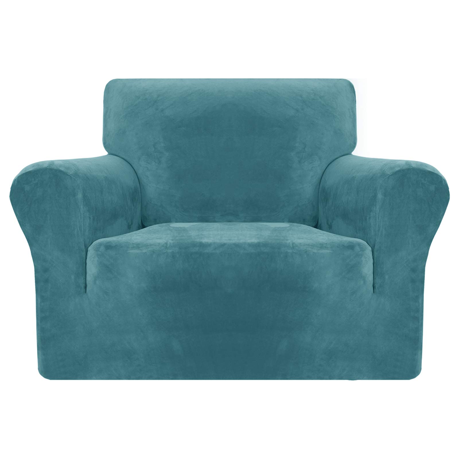 MAXIJIN Thick Velvet Chair Covers for Armchairs Super Stretch Non Slip Sofa Cover 1 Seater Dogs Cat Pet Living Room 1-Piece Elastic Couch Protector Chair Slipcover with Arms (1 Seater, Peacock Blue)