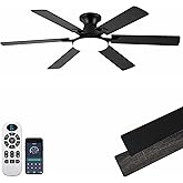 Ceiling Fans with Lights,54 Inch Low Profile Ceiling Fan with Light and Remote Control,6 Speeds/6 Blade,Flush Mount,LED Dimmable DC Reversible Modern, Black Ceiling Fan for Bedroom/Living Room