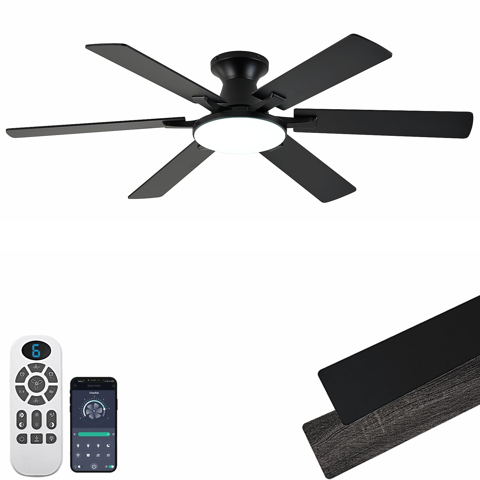Photo 1 of Ceiling Fans with Lights,54 Inch Low Profile Ceiling Fan with Light and Remote Control,6 Speeds/6 Blade,Flush Mount,LED Dimmable DC Reversible Modern, Black Ceiling Fan for Bedroom/Living Room