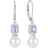 Inpasne Pearl Drop Earrings Dangling 925 Sterling Silver Emerald Cut Leverback Earrings Birthstone Jewelry for Women