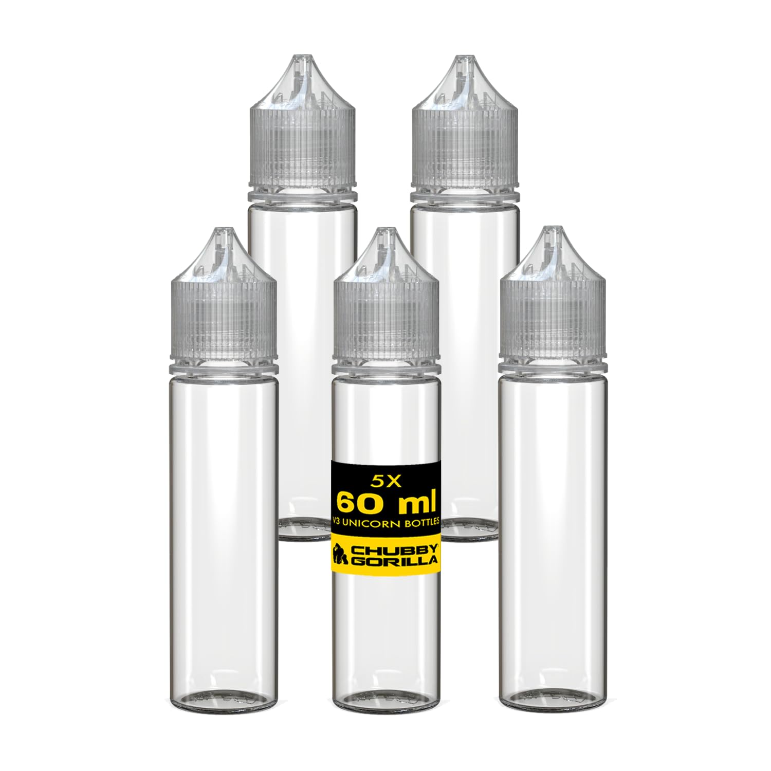 Chubby Gorilla V3 60ml Pet Plastic Unicorn Bottles for Liquids, Oils and E-Liquid - Empty Dropper Bottles - 5X 60ml (Clear Bottle with Clear Lid)