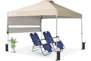 CROWN SHADES 10x10 Pop up Canopy Tent, Instant Commercial Canopy with Extend Awning, Patended Centerlock, 150D Silver Coated Fabric, 4 Ropes, 8 Stakes, 4 Weight Bags, STO 'N Go Bag, Khaki