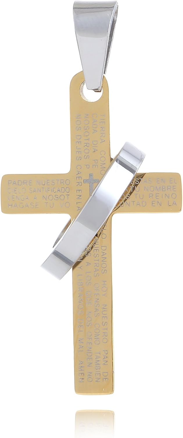 DonDon Men’s Cross Pendant Stainless Steel with Spanish Lord's Prayer Engraving Gold, Cross Gold - Image 3
