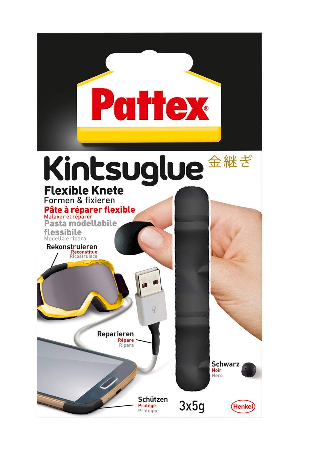 Pattex Kintsuglue Flexible Putty Black/Easily malleable Adhesive Paste for Repairing, reconstruct, Protect & improving Almost All Items / 3 x 5 g