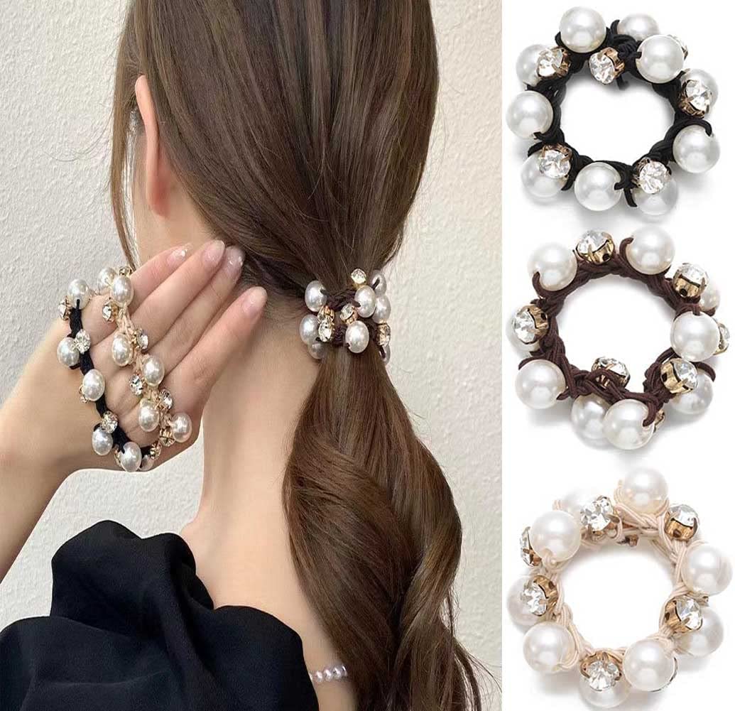 Pearl Hair Ties 3PCS Pearl Elastic Hair Scrunchies Pearl Rhinestones Hair Ropes Pearl Crystal Hair Bands Ponytail Holders for Women and Girls