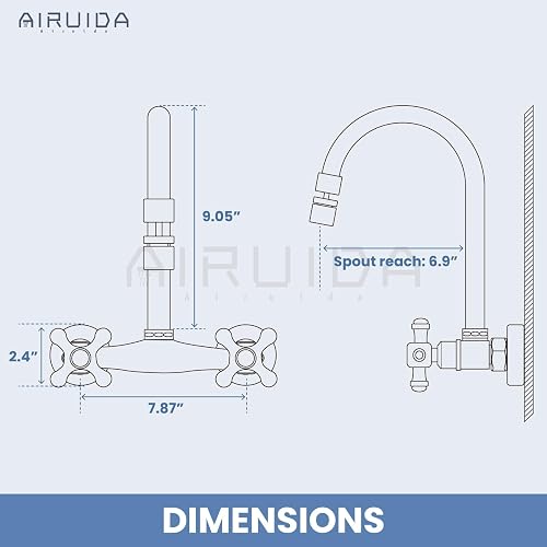 Airuida Wall Mount 8-Inch Center Kitchen Sink Faucet – Commercial Brass Double Cross Handles, 360° Swivel Spout, Antique Brass Finish – For Utility, Laundry, Restaurant Sinks