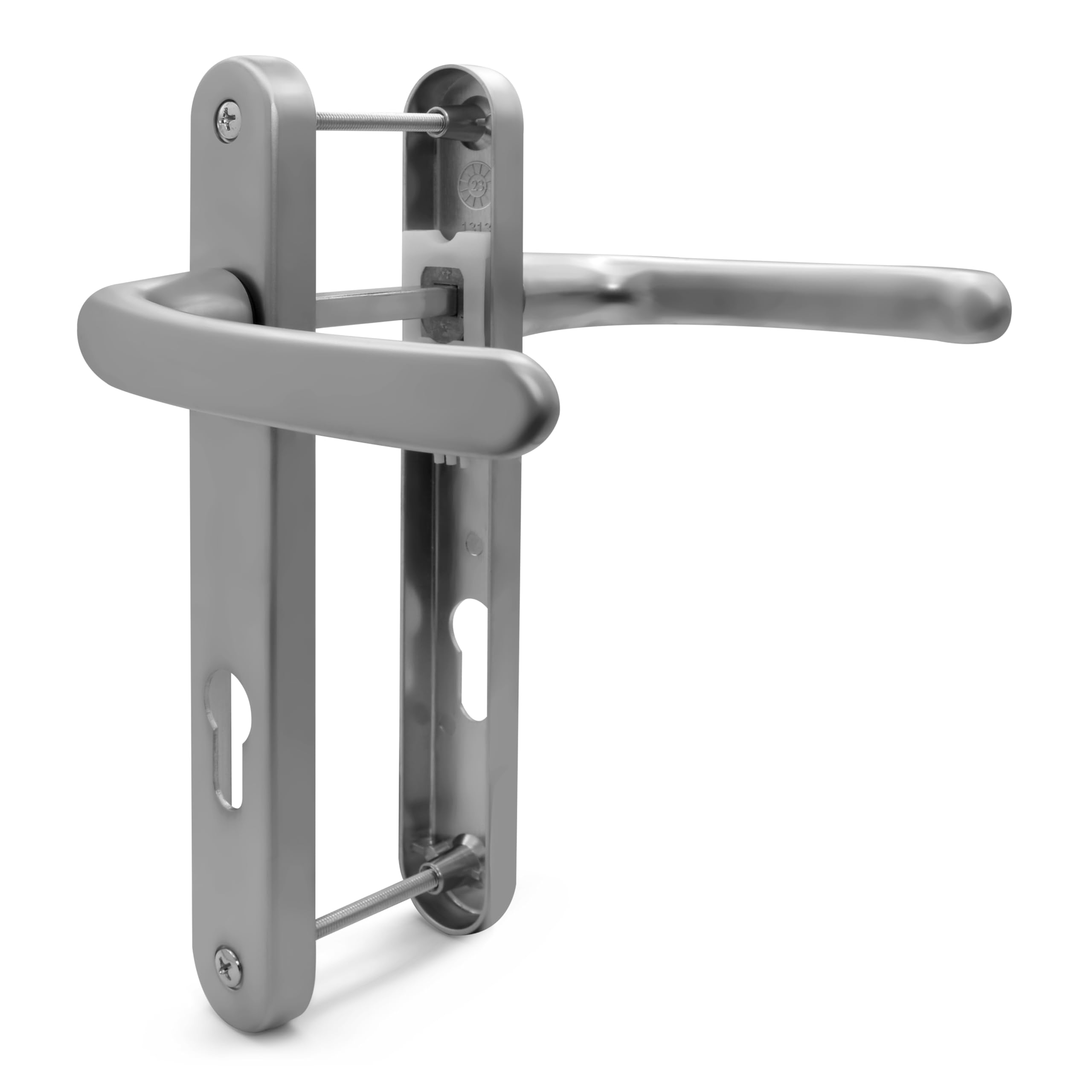 TSS Silver UPVC Door Handle Pair Set, Sprung, 92mm PZ (Centres), Lever Lever, 203mm Screw To Screw (screw centres), Backplate 232mm x 32mm - Replacement PVC Door Handle in Silver, Suits Everest/Asgard