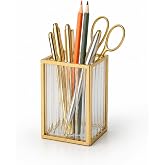 Feyarl Ribbed Glass Pen Holder Gold Metal Desk Organizer for Pens Pencils Markers Makeup Brushes Decorative Striped Glass Pencil Cup for Office Desk Vanity Home Decor